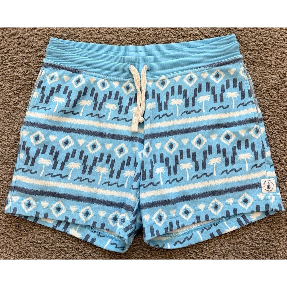 Chubbies Men's Blue Geometric Palm Tree Sweat Shorts Drawstring Size Small 5.5"